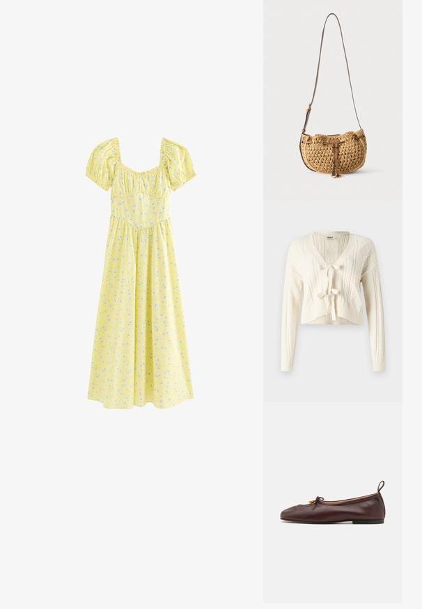 Strik en kort cardigan i off-white, med V-hals, kabelmønstre og frontlukning med knude. Blød tekstur med lange ærmer.; Gul midi-kjole med puffede korte ærmer, firkantet udskæring, rynket bryst og lille blåt blomsterprint.; ALOHAS ROSALIND BALLET FLATS - Ballerinasko - brown; Lille tanfarvet vævet skuldertaske med justerbar brun læderstrop og læderdetalje foran hængende mod hvid baggrund.