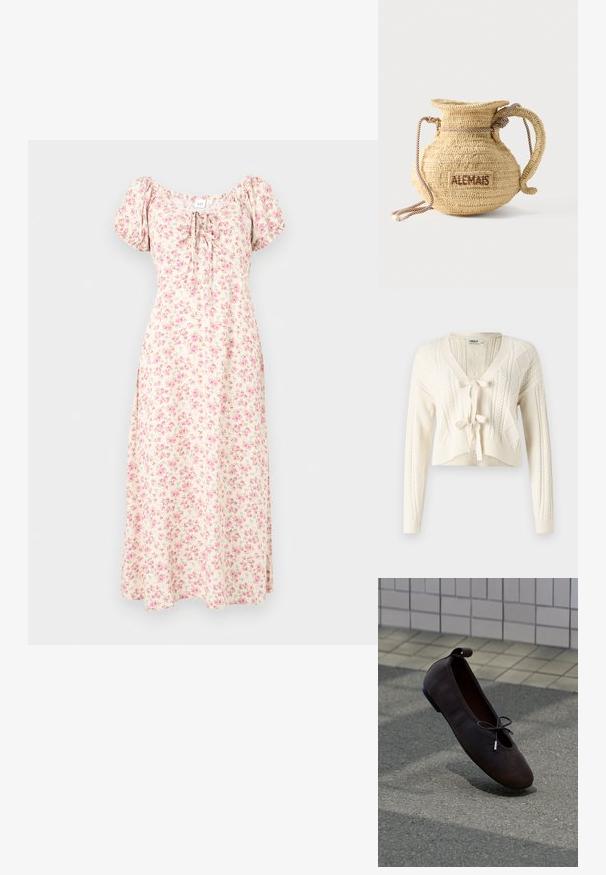 Cardigan court en tricot couleur écru, avec un col en V, des motifs en câble et une fermeture à nouer à l'avant. Texture douce avec des manches longues.; Robe midi crème à imprimé floral rose, manches bouffantes, encolure carrée et détail noué à l'avant.; Ballerine en daim marron foncé avec semelle noire et petit nœud, posée sur un sol pavé près d’un mur carrelé.; Sac à main rond en paille tissée avec une anse en corde et "ALEMAIS" brodé sur le côté en fil marron.