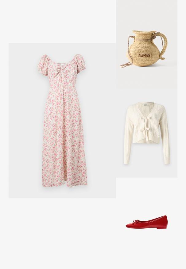 Cardigan court en tricot couleur écru, avec un col en V, des motifs en câble et une fermeture à nouer à l'avant. Texture douce avec des manches longues.; Robe longue crème à motif floral rose, manches bouffantes, encolure froncée et coupe fluide.; Ballerine plate en cuir verni rouge avec un petit nœud sur le dessus et un petit talon, vue de côté sur un fond blanc.; Sac à main rond en paille tissée avec une anse en corde et "ALEMAIS" brodé sur le côté en fil marron.