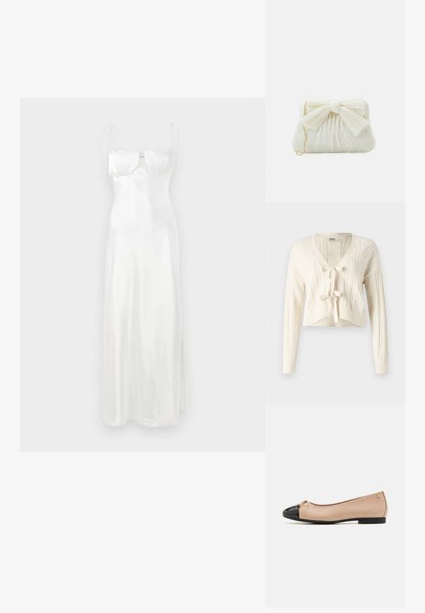 Strik en kort cardigan i off-white, med V-hals, kabelmønstre og frontlukning med knude. Blød tekstur med lange ærmer.; Hvid satin maxikjole med en tætsiddende bodice, blød sweetheart-udsmykning, justerbare tynde stropper og en sideslids. Glat, skinnende tekstur.; Balletsko med en beige satin overdel, sort laklæder tåhætte, lille sløjfedetalje foran og en lav sort hæl.; Hvid plisseret clutch-taske med en fremtrædende sløjfedetalje og en guldkædetras. Blød tekstur med et samlet design på forsiden.