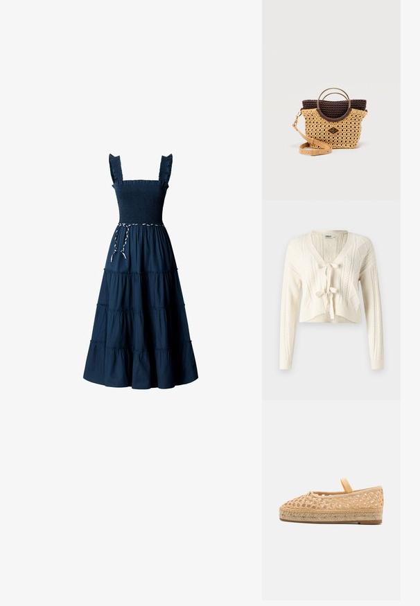 Πλεκτό cropped cardigan σε ανοιχτό λευκό, με V-λαιμόκοψη, σχέδια κασμά και κλείσιμο με κορδόνι μπροστά. Μαλακή υφή με μακριά μανίκια.; Μαύρο μπλε αμάνικο φόρεμα με βολάν στους ιμάντες, σμιγμένο μπούστο, φούστα με στρώσεις και λευκή και ναυτική μπλε πλεξούδα ζώνη στη μέση.; Loeffler Randall KAYLA - Εσπαντρίγιες - natural; Μικρή υφαντή μπεζ τσάντα χειρός με σκούρο καφέ πλεκτό επάνω μέρος, χρυσούς κυκλικούς λαβές και αποσπώμενο μπεζ δερμάτινο λουρί με χρυσά εξαρτήματα.