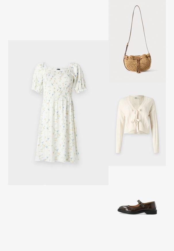 Pletený krátky kardigan v off-white farbe, s výstrihom do V, vzorom z copánkov a predným viazaním. Mäkka textúra s dlhými rukávmi.; Šaty s kvetinovým motívom a štvorcovým výstrihom, krátkymi puff rukávmi a elastickým živôtikom. Vyrobené z ľahkej bielej látky s modrými a žltými kvetmi.; Tmavohnedé lesklé kožené Mary Jane topánky s okrúhlou špičkou, strieborným prackovým pásikom a nízkym čiernym podpätkom, vystavené na bielom pozadí.; Malá béžová pletená kabelka na rameno s nastaviteľným hnedým koženým remienkom a prednou koženou šnúrkou, visiaca na bielom pozadí.