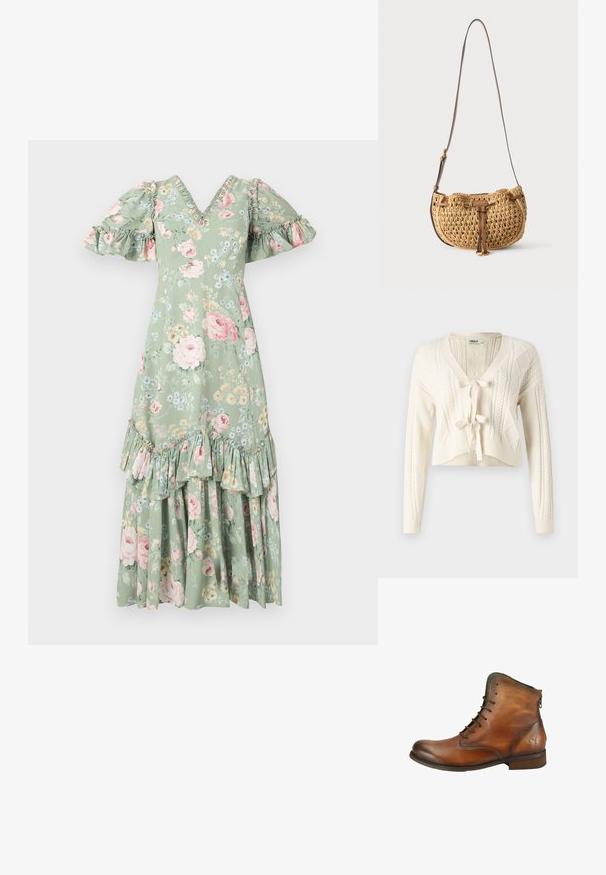 Gehaakte cropped cardigan in gebroken wit, met een V-hals, kabelpatronen en een sluiting met een strik aan de voorkant. Zachte textuur met lange mouwen.; Floral maxi-jurk in zacht groen met een V-hals, pofmouwen, ruches en een gelaagde zoom. Bevat roze rozen en kleine blauwe bloemen.; Bruine leren enkellaars met veters aan de voorkant, lage hak, achterrits en vlinder reliëf vlakbij de hak op een witte achtergrond.; Kleine beige gevlochten schoudertas met verstelbare bruine leren riem en een leren strikdetail aan de voorkant, hangend tegen een witte achtergrond.