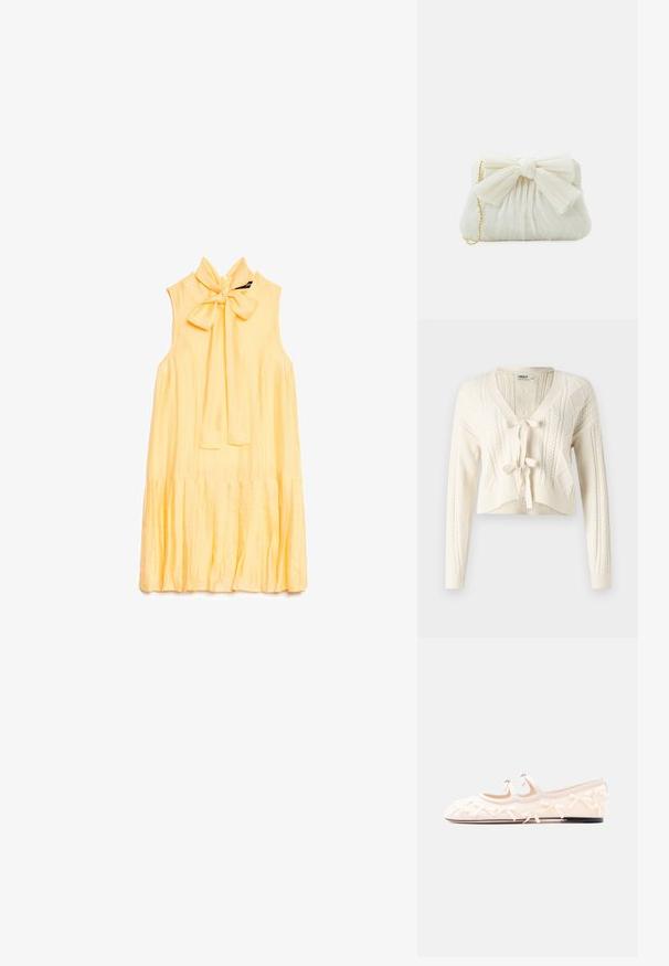 Pletený krátky kardigan v off-white farbe, s výstrihom do V, vzorom z copánkov a predným viazaním. Mäkka textúra s dlhými rukávmi.; Bezrukávové žlté šaty s vysokým golierom zviazaným do mašle a skladaným lemom, rozložené na bielom pozadí.; Béžová balerína s dvoma remienkami, zdobená malými mašličkami, s čiernou podrážkou na bielom pozadí.; Biela skládacia kabelka s výrazným detailom mašle a zlatým reťazovým popruhom. Mäkká textúra s nariaseným dizajnom na prednej strane.