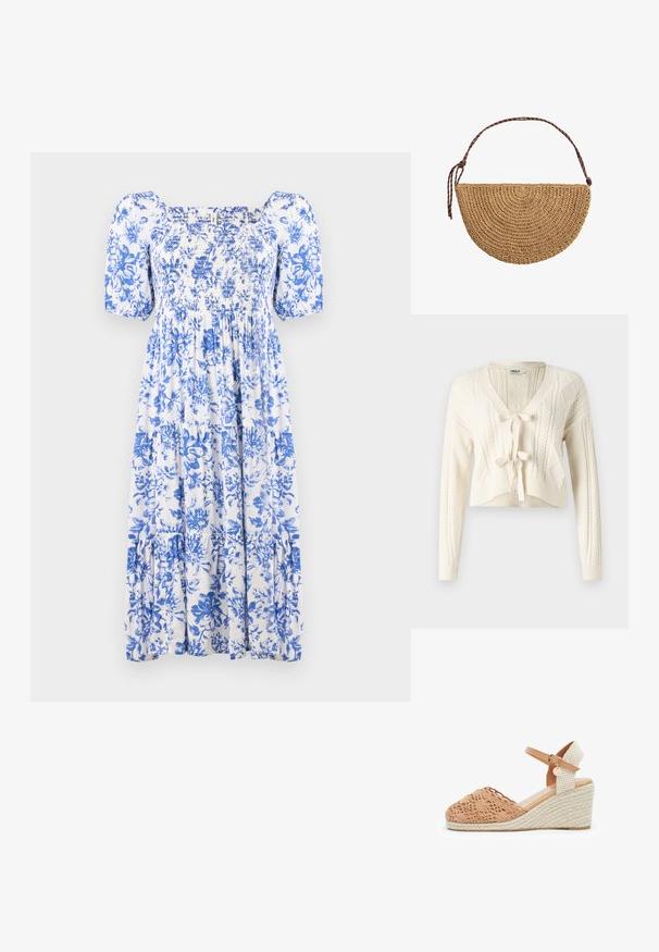 Strik en kort cardigan i off-white, med V-hals, kabelmønstre og frontlukning med knude. Blød tekstur med lange ærmer.; Blomstret kjole i hvid og blå med smocksom bodice, korte puffede ærmer og lagdelt kant. Fremstillet af letvægtsstof.; Kilesandal med et flettet beige forstykke, cremet tekstureret ankelrem med spænde og en mellemhøj kilehæl indviklet i reb.; Halvmåneformet håndtaske af flettet strå med en brun justerbar skulderrem, der er bundet i den ene ende, på hvid baggrund.