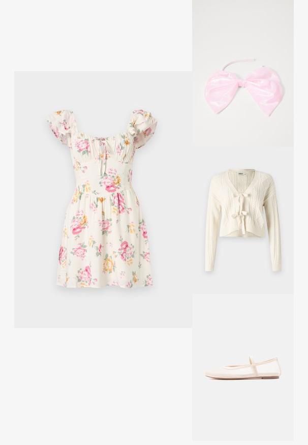 Πλεκτό cropped cardigan σε ανοιχτό λευκό, με V-λαιμόκοψη, σχέδια κασμά και κλείσιμο με κορδόνι μπροστά. Μαλακή υφή με μακριά μανίκια.; Λουλουδάτο φόρεμα από κρεμ ύφασμα, με ροζ και κίτρινες ανθοσύνθετες, κοντά φουσκωτά μανίκια, ραμμένο κορσέ και φαρδιά φούστα.; Μπαλαρίνες με διαφανές μπεζ διχτυωτό επάνω μέρος και σατέν λουράκι, με στρογγυλεμένη μύτη και καφέ χαμηλή σόλα. Ελαφρύ και ευέλικτο σχέδιο.; Ροζ, γυαλιστερό αξεσουάρ μαλλιών σε σχήμα μεγάλου φιόρι, με λεία υφή και λεπτό λουράκι για να στερεώνεται στη θέση του.