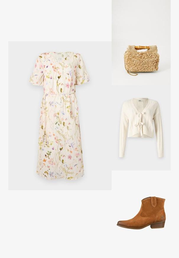 Strik en kort cardigan i off-white, med V-hals, kabelmønstre og frontlukning med knude. Blød tekstur med lange ærmer.; Blomstret kjole med korte ærmer, lys beige stof med flerfarvede blomster mønstre, taljebind, knælangt design.; Tan ruskindsankelstøvler med spids tå, dekorativt syning og en lav stablet hæl. Har en pull-tab med zigzag kant.; Vævet strohåndtaske med bambushåndtag, der har et tekstureret fringedesign i naturlig beige og en guldkædesnor.