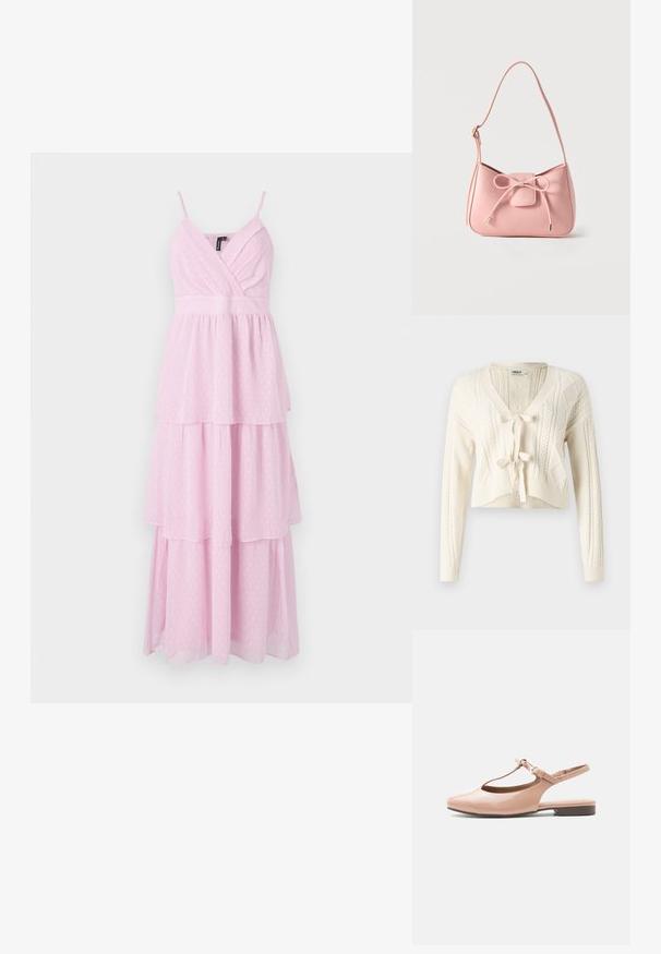 Πλεκτό cropped cardigan σε ανοιχτό λευκό, με V-λαιμόκοψη, σχέδια κασμά και κλείσιμο με κορδόνι μπροστά. Μαλακή υφή με μακριά μανίκια.; Ροζ, tiered μάξι φόρεμα με spaghetti straps, featuring φάσες στην καβάτζα και πουά σχέδιο σε ελαφρύ, υφασματώδη υλικό.; Γυναικεία πλατφόρμα από λουστρίνι σε nude απόχρωση με λουράκι Τ, κούμπωμα με πόρπη, κλειστή μυτερή μύτη και τακούνι slingback σε λευκό φόντο.; Μικρό παστέλ ροζ τσάντα ώμου με ρυθμιζόμενο λουράκι και διακοσμητικό φιόγκο στο μπροστινό μέρος με χρυσά άκρα, σε απλό φόντο.
