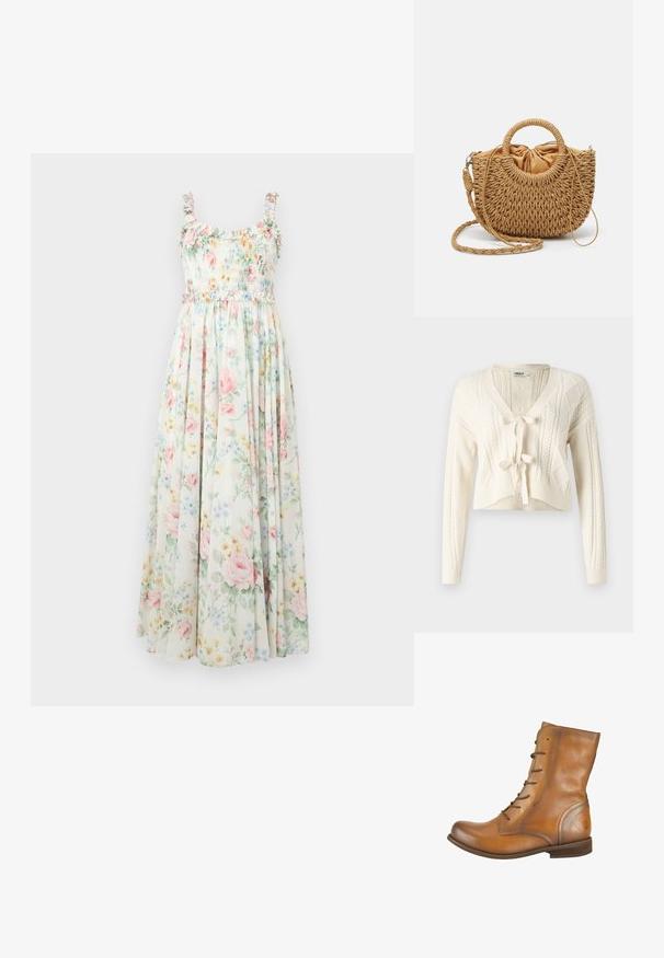 Strik en kort cardigan i off-white, med V-hals, kabelmønstre og frontlukning med knude. Blød tekstur med lange ærmer.; Blomstrete maxikjole med smocket liv, frynset skulderstropper og pastellroser og blå blomstermønstre på en lys baggrund.; Brune læder ankelstøvler med en glat overflade, rund tå, seks snørehuller og et subtilt præget logo på hælen.; Pieces PCLENA - Håndtasker - nature