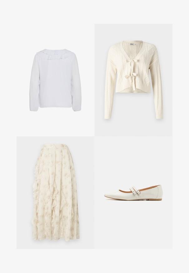 Gehaakte cropped cardigan in gebroken wit, met een V-hals, kabelpatronen en een sluiting met een strik aan de voorkant. Zachte textuur met lange mouwen.; Witte blouse met lange mouwen en een ruches kraag, gladde textuur en elastische manchetten. Eenvoudig, schoon ontwerp dat geschikt is voor verschillende gelegenheden.; Lange crèmekleurige rok met subtiel bloemmotief en vallende ruches, gemaakt van lichtgewicht, doorschijnende stof.; Witte patenten leren ballerina's met een puntige neus, twee decoratieve banden met zilveren gespen en een subtiele bruine zool.