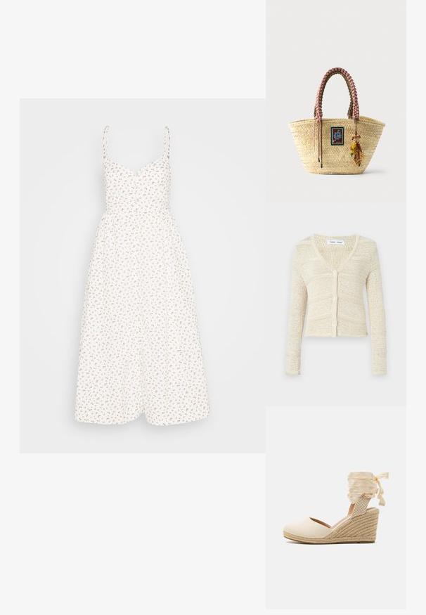 Cardigan en tricot beige avec un col en V, des manches longues et une fermeture à cinq boutons. Présente un motif texturé et une coupe raccourcie.; Madewell ALEXA RUFFLE BODICE BUTTON DOWN MIDI DRESS PRINT - Robe chemise - lighthouse; Escarpin compensé beige avec tige en toile, bout ouvert et lacets en ruban doux. Compensé en jute texturé avec un motif tressé.; Sac cabas en paille tissée avec des poignées tressées roses et marron, un patch décoratif et un porte-clés singe perlé suspendu à l'avant.