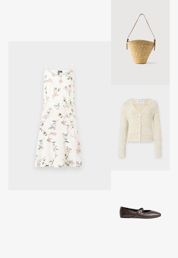 Gebreide cardigan in beige met een V-hals, lange mouwen en een sluiting met vijf knopen. Kenmerkt zich door een textuurpatroon en een cropped ontwerp.; Bloemige zomerjurk met dunne bandjes, van crèmekleurige stof met een verspreid bloemenpatroon en groene bladeren. Vloeiende A-lijn vorm.; Bruine leren platte schoenen met een ronde neus en een verstelbare gespband over de middelvoet. Glad textuur en minimalistisch ontwerp.; Gevlochten strooien bucketbag met brede basis, smalle bovenkant en verstelbare bruine leren schouderriem.