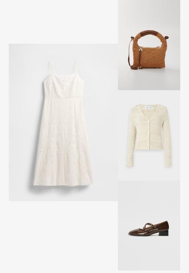 Strikket cardigan i beige med V-hals, lange ærmer og fem-knaps lukning. Har et tekstureret mønster og cropped design.; Hvid knælang kjole med tynde stropper, blomsterbroderi og udskårne detaljer. Fremstillet af letvægtsstof med en flydende silhuet.; Brune patentlæder Mary Jane sko med firkantet tå, to justerbare stropper prydet med runde metalspænder og en lav blokhæl.; Brun vævet håndtaske med et rundt håndtag. Den har en lynlåslukning og justerbar rem, suppleret med et læderdetalje på håndtaget.