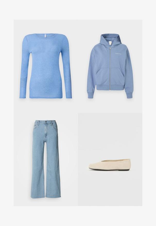 Modrá mikina na zips vyrobená z mäkkého materiálu, s kapucňou, prednými vreckami a vyšívaným logom. Štandardný strih s rebrovanými manžetami a lemom.; Svetlomodré tričko s dlhým rukávom v mäkkej, ľahkej tkanine. Má okrúhly výstrih a priliehavý strih. Bez viditeľných vzorov alebo akcentov.; Svetlomodré široké džínsy vyrobené z denimu, s upnutým pásom, piatimi vreckami a jemnými švovými detailmi.; Béžové semišové baleríny s okrúhlou špičkou, plochou podrážkou a minimalisticým dizajnom. Hladký povrch bez viditeľného kovania alebo ozdôb.