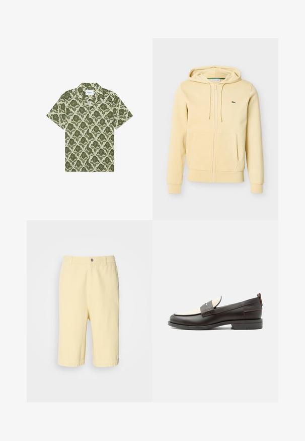 Lys beige lynlåshættejakke med forlommer, snøre i hætten, ribbede manchetter og lille grønt Lacoste krokodillelogo på brystet.; Kortærmet skjorte med et grønt blomstermønster på en lys beige baggrund. Har en krave og et mærke med teksten "Les Deux."; Gule bomulds-shorts med lige snit, der har en frontlukning med knap og opsmøg. Glat tekstur, afslappet design.; Mørkebrune herresko i læder med cremefarvet stofpanel og klassisk syning på remmen, flad sål og trækskærm ved hælen.