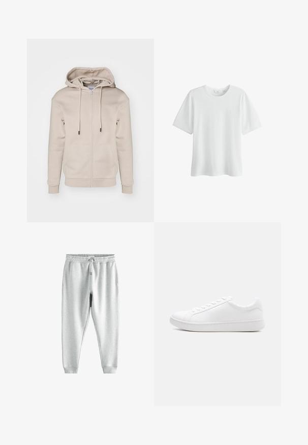 Beige tõmblukuga kapuutsiga bluus, mis on valmistatud pehmest kangast, esiosal on taskud ja ribikudumine varrukatel ja alläärel. Sile tekstuur ja minimaalne disain.; Tavaline valge lühikeste varrukatega puuvillane T-särk ümmarguse kaelusega, keskmine suurus, esitletud valgel taustal.; Hallid hallid dressipüksid paelaga vöökoha, kahe küljetasku ja vormitud pahkluudega, valmistatud pehmest, tekstureeritud kangast.; Valge madala säärega tennisking, millel on paelaga sulgemine, sile nahast pealsosa ja paks kummist tald, küljelt nähtav ühtlasel taustal.