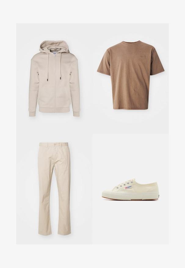 Beige Kapuzenjacke mit Reißverschluss aus weichem Stoff, mit einer verstellbaren Kapuze, Fronttaschen sowie Rippstrickbündchen und -saum. Sanfte Textur und minimalistisches Design.; Braunes Baumwoll-T-Shirt mit Rundhalsausschnitt, kurzen Ärmeln und einem dezenten gestickten Logo auf der linken Brustseite. Glatte Textur, lockerer Schnitt.; Beige Baumwoll-Chinos mit geradem Bein, ausgestattet mit einem Knopfverschluss und subtilen Falten für Textur. Glatter Stoff und klare Linien.; Beige Leinen-Sneaker mit niedrigem Profil, Metallösen und Gummisohle. Mit einem strukturierten Muster und einem Logodetail an der Seite.