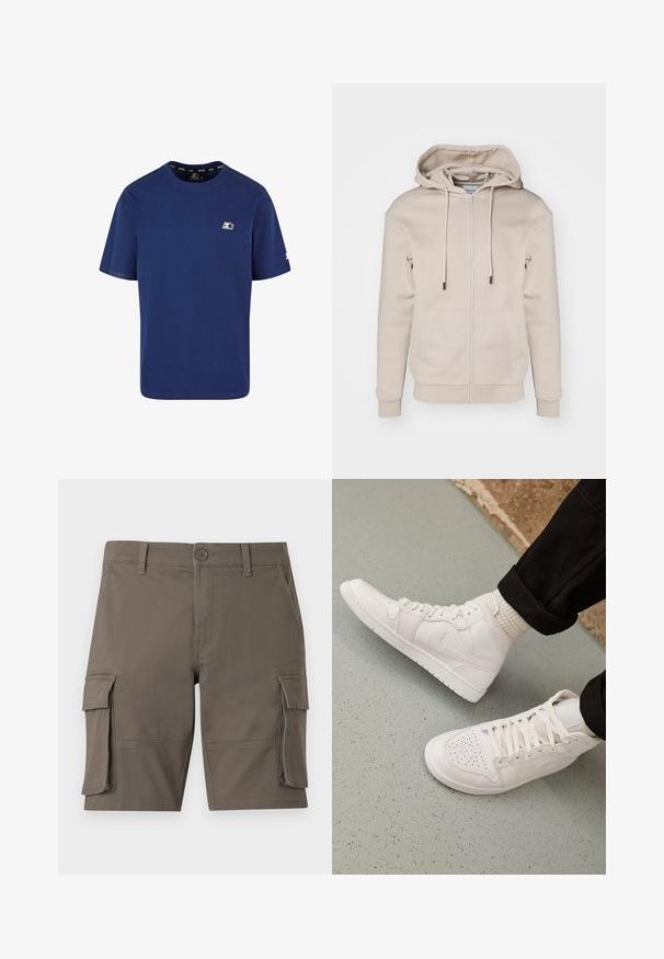 Béžová mikina na zips vyrobená z mäkkej tkaniny s kapucňou na šnúrku, prednými vreckami a rebrovanými manžetami a lemom. Hladká textura a minimalistický dizajn.; Námornícky modré tričko vyrobené z bavlny; krátke rukávy; okrúhly výstrih; s malým logom na ľavej hrudi a akcentom na rukáve.; Khaki cargo šortky s gombíkovým zapínaním, pútkami na opasok, bočnými vreckami a veľkými klopovými vreckami na každom stehne, zobrazené na jednoduchom pozadí.; Biele vysoké tenisky vyrobené z hladkej kože s perforovaným špičkou, šnurovacím uzáverom a nenápadným logom na boku. Textúrovaná gumová podrážka.