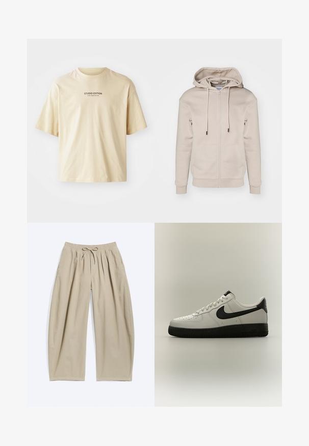 Beige ζιβάγκο με φερμουάρ φτιαγμένο από μαλακό ύφασμα, με κουκούλα με κορδόνι, μπροστινές τσέπες και ριμπ μανσέτες και στρίφωμα. Απαλή υφή και μινιμαλιστικός σχεδιασμός.; Μπεζ βαμβακερή μπλούζα με στρογγυλή λαιμόκοψη, κοντά μανίκια και την ένδειξη "STUDIO EDITION" σε μαύρη εκτύπωση πάνω στο στήθος.; Μπεζ παντελόνια με φαρδιά μανίκια, ελαστική μέση με κορδόνι, πλαϊνές τσέπες και άνετη, casual εφαρμογή.; Χαμηλή λευκή αθλητική μπαλαρίνα με μαύρο λογότυπο Nike, μαύρη φτέρνα και παχύ μαύρο πέλμα σε ουδέτερο φόντο.