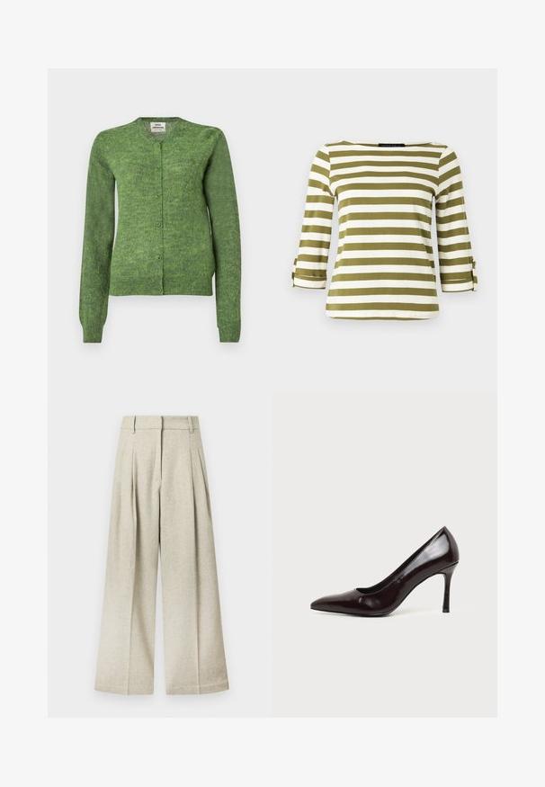 Cardigan en maille verte avec un col rond, des manches longues et une fermeture boutonnée sur le devant. Tissu texturé avec une coupe légèrement ample.; Haut rayé en vert olive et blanc, avec des manches trois-quarts munies de pattes de serrage et un col bateau. Tissu lisse et doux.; Pantalon à jambes larges en tissu gris clair avec une finition texturée, présentant des plis à l'avant et une ceinture plate, sans poches visibles.; Chaussure à talon haut en cuir noir à bout pointu avec un talon aiguille fin sur un fond clair uni.