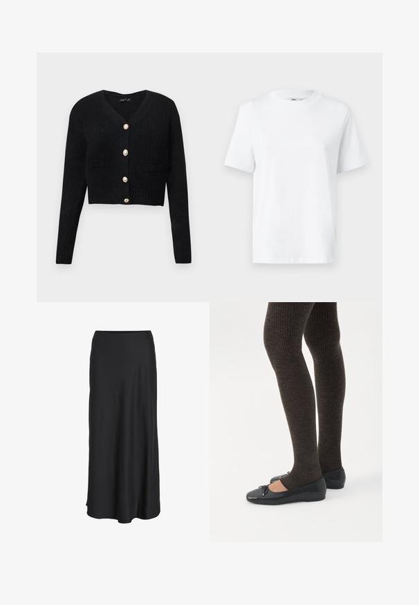 Sort cropped cardigan lavet af struktureret strikstof, med V-hals, lange ærmer og seks guldtonede knapper ned foran.; Hvid bomulds T-shirt med rund hals, kortærmet og en glat tekstur. Designet med en afslappet pasform for komfort og alsidighed.; Sort maxinederdel lavet af glat, letvægtsstof. Har en enkel A-formet silhuet med en let udvidet kant og ingen synlige lukninger.; Ben iført mørke ribbede leggings kombineret med sorte balletsko med små sløjfedetaljer på hvid baggrund.