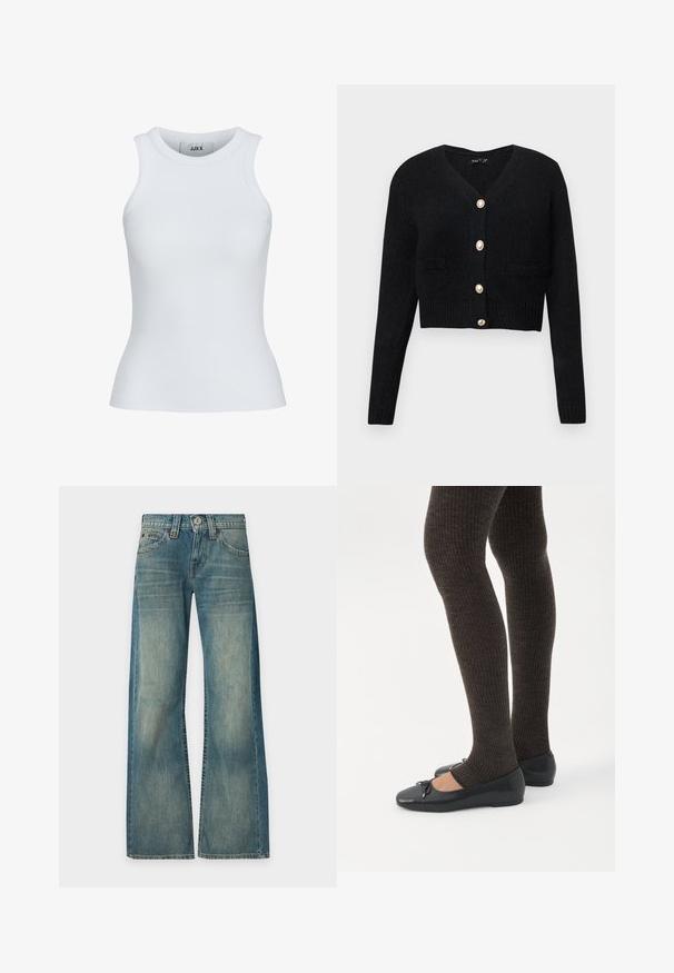Zwart cropped cardigan gemaakt van gestructureerde brei stof, met een V-hals, lange mouwen en zes goudkleurige knopen aan de voorkant.; Witte geribde tanktop met een ronde halslijn en zonder mouwen. Heeft een slim fit en een zachte textuur, geschikt voor lagen.; Blauwe denim jeans met een verwassen uitstraling, hoge taille, wijde pijpen, knoop- en ritssluiting aan de voorkant en vijf zakken, getoond tegen een effen achtergrond.; Benen met donkere geribbelde leggings gecombineerd met zwarte ballerina's met kleine strikdetails op een witte achtergrond.