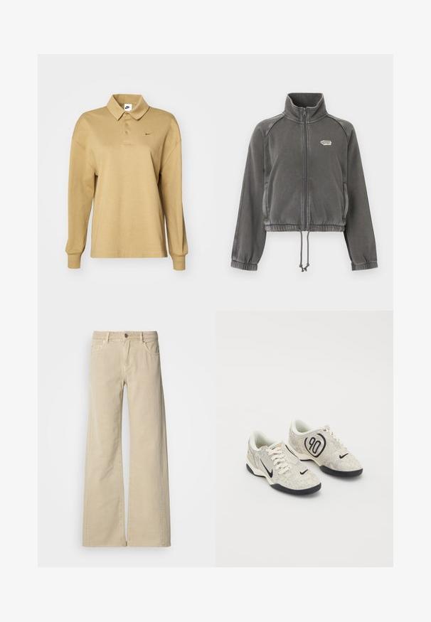 Chaqueta de forro polar gris oscuro con cremallera, cuello alto, puños elásticos, dobladillo con cordón y pequeño logo blanco en el pecho izquierdo.; Polo de manga larga beige hecho de algodón, con cuello tipo polo, tres botones y un discreto logotipo de Nike en negro.; Pantalones beige de pierna ancha y talle alto con botón frontal, cremallera, trabillas para cinturón y estilo de cinco bolsillos.; Zapatillas Nike con un upper texturizado en beige y gris, acentos negros, un gran logo de "90" y un cierre de cordones blancos. Suela negra.