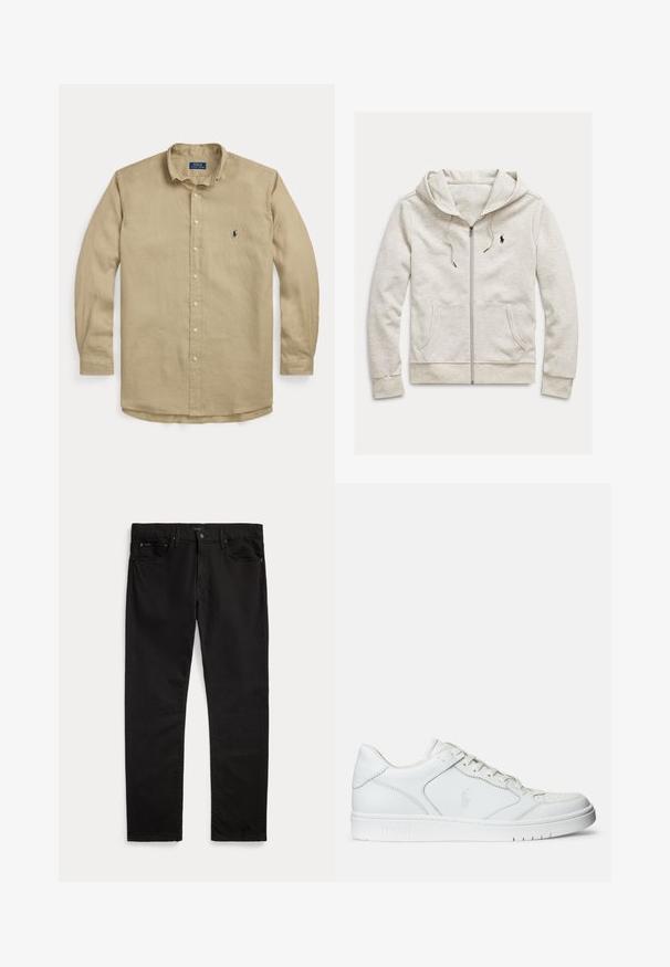 Hellgrauer Kapuzenpullover mit Reißverschluss aus weichem Stoff, mit Kängurutasche, Kordelzugkapuze und kleinem schwarzem Logo auf der linken Brust.; Beige langärmliges Hemd zum Knöpfen mit Kragen, vorderen Knöpfen und kleinem dunkelblau besticktem Logo auf der linken Brust.; Schwarze Jeans mit geradem Bein, Vorder- und Gesäßtaschen, Gürtelschlaufen, Knopfverschluss und einem dezenten Markenlabel am Bund und an der Tasche.; Weißer Ledersneaker mit glatter Textur, ausgestattet mit einer perforierten Zehenpartie, Schnürverschluss und gesticktem Logo an der Seite. Weiße Gummisohle.