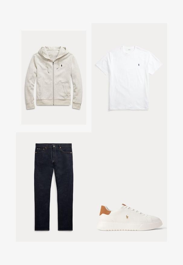 Sudadera con capucha de cremallera color gris claro, confeccionada en tela suave, con un bolsillo canguro, capucha con cordón y un pequeño logo negro en el pecho izquierdo.; Camiseta blanca de manga corta y cuello redondo con pequeño logo bordado de jugador de polo en azul marino en el pecho izquierdo.; Vaqueros de mezclilla azul oscuro con cinco bolsillos, cierre de botón y cremallera, y costuras doradas visibles, mostrados planos sobre un fondo claro.; Zapatilla blanca de caña baja con lengüeta trasera en color marrón claro, cordones blancos y un pequeño logo bordado de jugador de polo en el lateral sobre una suela gruesa.