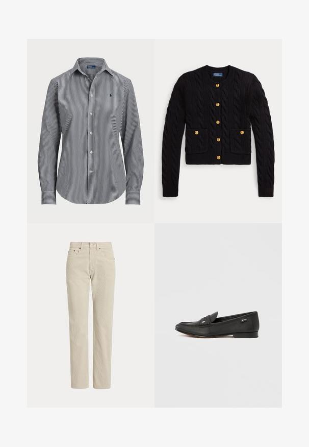 Sort kabelstrikket cardigan med guldknapper foran og på to forlommer, med ribbet rund halsudskæring og manchetter.; Stribet skjorte med knapper, der har lodrette marineblå og hvide striber, lange ærmer, spidse kraver og et lille logo på brystet.; Beige, lige-benede fløjlsbukser med bæltestropper, frontknap, lynlås og frontlommer.; Sort læderloafer med tekstureret finish, penny keeper-detalje, slank profil, diskret branding på siden og lav, flad hæl.