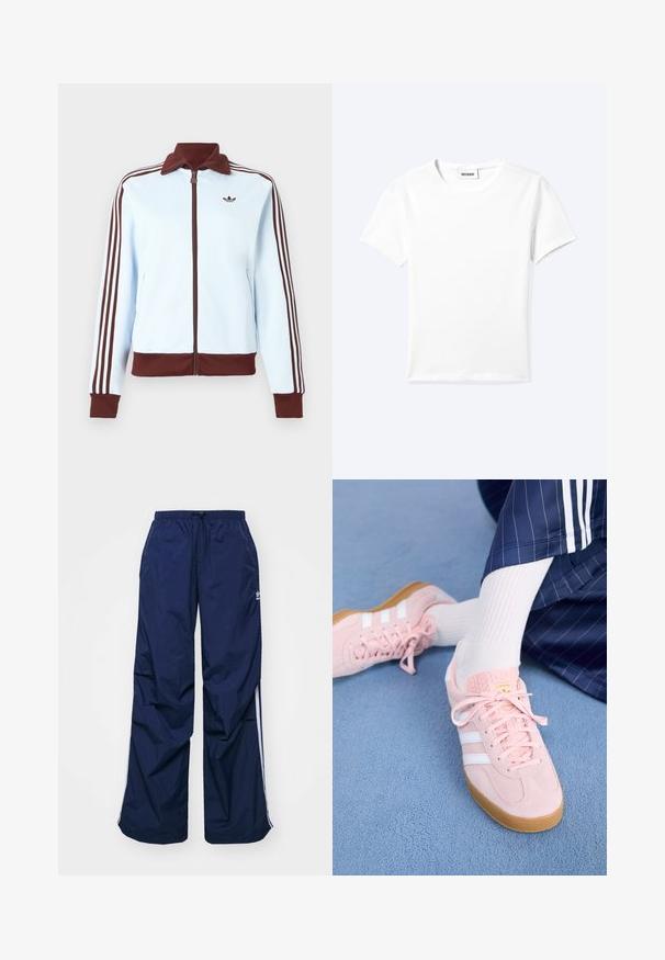 Veste zippée bleu clair avec col, poignets et ourlet marron, ainsi que trois rayures marron sur chaque manche, ornée d'un petit logo marron sur la poitrine.; T-shirt blanc uni à manches courtes et col rond avec une petite étiquette "WEEKDAY" à l'intérieur de l'encolure, présenté à plat sur un fond clair.; Pantalon bleu marine, léger, avec taille élastique et cordon de serrage, présentant des rayures blanches sur les côtés et un petit logo à l'avant. Coupe ample.; Des sneakers en daim rose clair avec des rayures et des lacets blancs, dotés d'une languette texturée et d'une semelle en gomme, posées sur un tapis bleu.