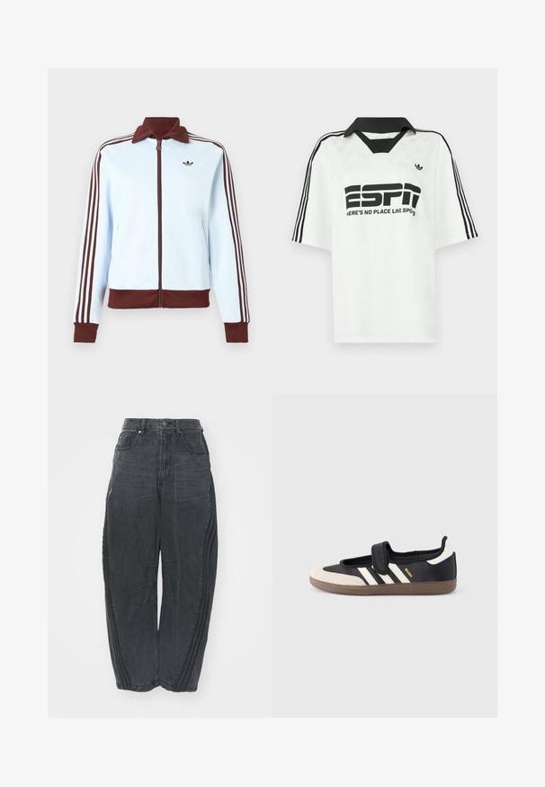 Svetlomodrá bunda na zips s hnedým golierom, manžetami, lemom a tromi hnedými prúžkami po celej dĺžke každého rukáva, s malým hnedým logom na hrudi.; Biela košeľa s krátkym rukávom, s čiernym golierom, tromi čiernymi pruhmi na rukávoch a výrazným čiernym nápisom "ESPN" a "HERE'S NO PLACE LIKE SPOTS."; Voľné čierne denimové džínsy so zosušeným povrchom, piatimi vreckami, zapínaním na gombík v páse a prešívaním na prednej strane a po stranách.; Čierna a béžová teniska s pásikom na suchý zips, tromi bielymi pruhmi na boku a štruktúrovanou hnedou gumovou podrážkou. Viditeľné logo značky.