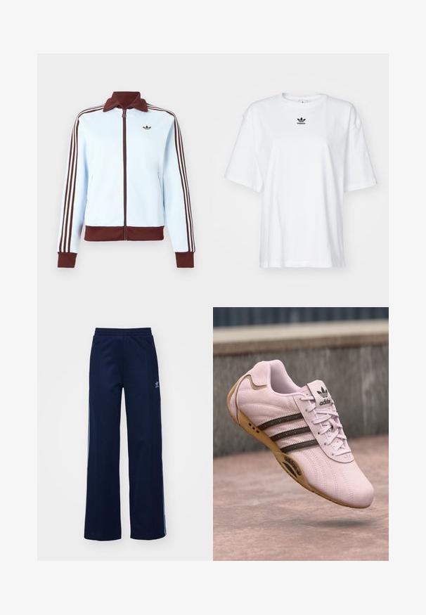 Lyseblå lynlåstrøje med brun krave, manchetter, kant og tre brune striber ned ad hver ærme, med en lille brun logo på brystet.; Hvid kortærmet t-shirt lavet af bomuld. Har en rund halsudskæring og et lille sort Adidas-logo på brystet. Lige skåret kant.; Marineblå bomuldsblandede træningsbukser med bred benstil, elastisk talje og lynlåslommer, prydet med hvide sideordner og logo-detalje.; Lyserød ruskinds træningssko med gummisål, der har tre mørke striber, snørebånd og Adidas-logo på tungen. Rundet tådesign.