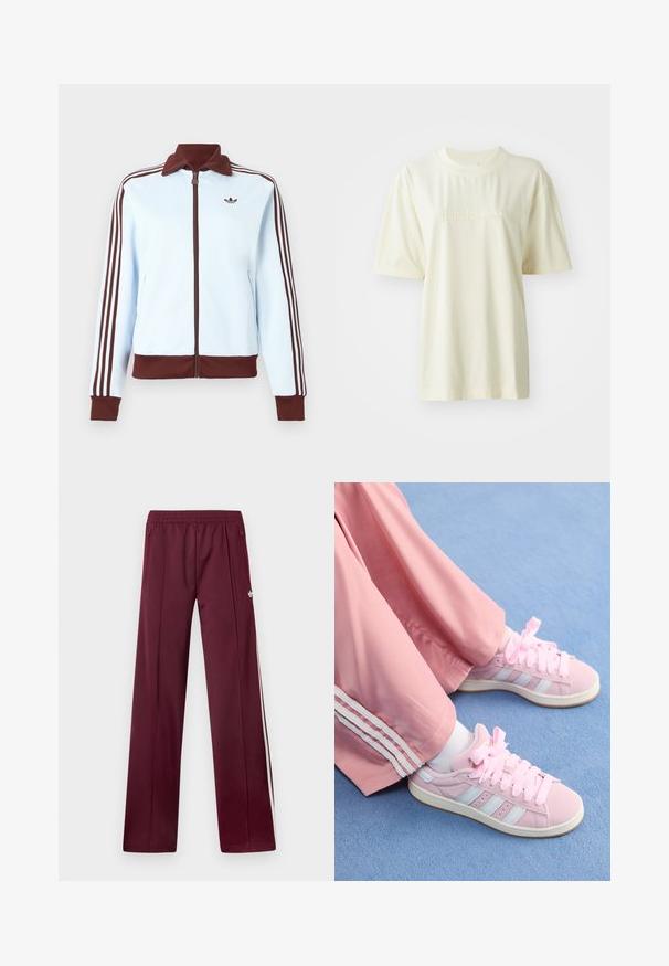 Chaqueta azul claro con cremallera, con cuello, puños y dobladillo marrones, y tres franjas marrones en cada manga, con un pequeño logo marrón en el pecho.; Camiseta de algodón color crema con cuello redondo, mangas cortas y logo "adidas" en relieve en el pecho. Textura suave y corte relajado.; Pantalones deportivos burdeos con cinturilla elástica, bolsillos laterales con cremallera, rayas blancas a los lados y un pequeño logotipo blanco de Adidas en el muslo derecho.; Zapatillas deportivas rosas con rayas azul claro, puntera redonda y cordones gruesos rosas, combinadas con pantalones de chándal rosas que tienen rayas laterales blancas.