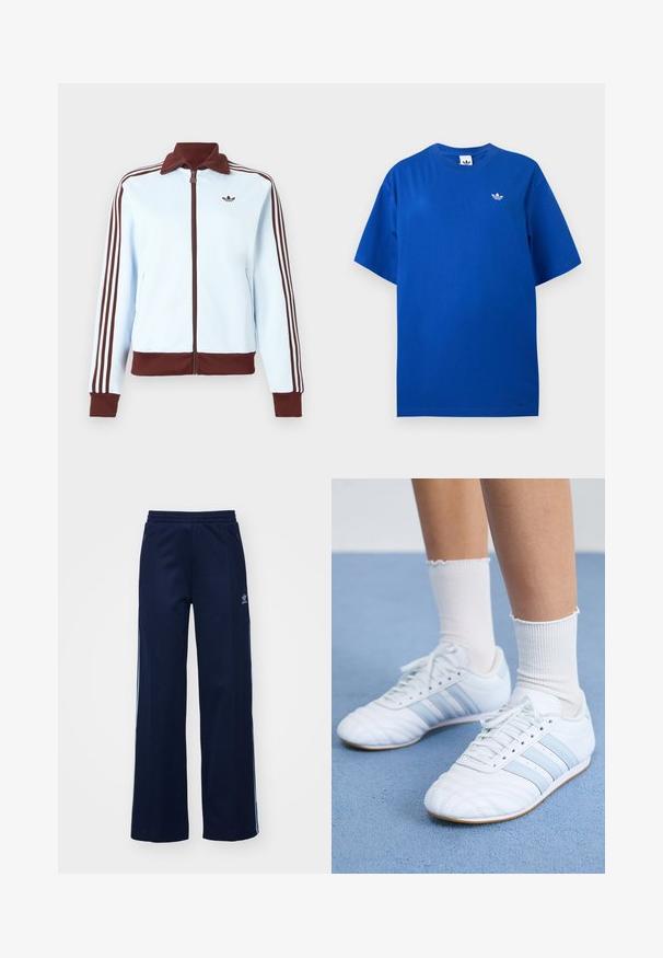 Lyseblå lynlåstrøje med brun krave, manchetter, kant og tre brune striber ned ad hver ærme, med en lille brun logo på brystet.; Blå Adidas T-shirt med korte ærmer og rund halsudskæring med lille hvid Adidas trefoil-logo på venstre bryst.; Marineblå bomuldsblandede træningsbukser med bred benstil, elastisk talje og lynlåslommer, prydet med hvide sideordner og logo-detalje.; Hvide lædersportssko med lyseblå striber, struktureret tåhætte og hvide ankelstrømper. Vist på en blå tæppeoverflade.