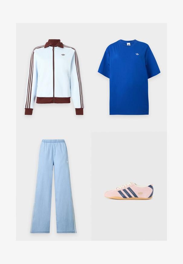 Helesinine lukuga jakk, millel on pruun krae, varrukapöörded, ääris ning kolm pruuni triipu iga varruka peal, rinnal väike pruun logo.; Sinine lühikeste varrukatega Adidas T-särk ümmarguse kaelusega, vasakul rinnal väike valge Adidas trefoil logo.; Helesinised laiad püksid elastse vöökohaga ja õrn valge Adidas logo vasakul küljel.; Heled roosa nahast tossud mereväe siniste triipude ja aktsentidega. Omab heledat kreemjat keelt ja paelu ning kummist tallat.