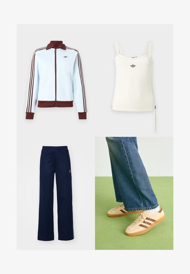 Veste zippée bleu clair avec col, poignets et ourlet marron, ainsi que trois rayures marron sur chaque manche, ornée d'un petit logo marron sur la poitrine.; Débardeur crème à fines bretelles ; logo Adidas noir sur la poitrine. Tissu lisse avec un cordon de serrage au bas. Design simple.; Pantalons de survêtement en mélange de coton bleu marine avec un design à jambes larges, taille élastique et poches zippées, présentant des bandes latérales blanches et un détail de logo.; Baskets beiges avec des panneaux crémeux texturés et des rayures brunes, accompagnées d'un jean en denim bleu. Le jean a une coupe large et un ourlet effiloché.