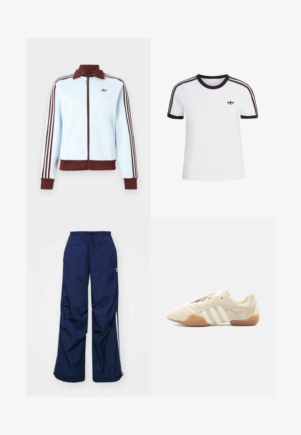 Hellblauer Reißverschlussjacke mit braunem Kragen, Bündchen, Saum und drei braunen Streifen an jedem Ärmel, mit einem kleinen braunen Logo auf der Brust.; Weißes kurzärmliges T-Shirt mit schwarzen Akzenten, mit rundem Ausschnitt und drei schwarzen Streifen auf jeder Schulter. Kleines schwarzes Logo auf der Brust.; Navyblaue, leichte Hosen mit elastischem Bund und Kordelzug, versehen mit weißen Seitenstreifen und einem kleinen Logo vorne. Locker geschnittenes Design.; Flacher beiger Sneaker mit drei weißen Streifen, strukturierten Wildleder-Seitenflächen, Gummisohle und Schnürverschluss vor einfarbigem Hintergrund.