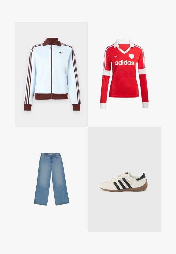 Lichtblauwe jas met ritssluiting, bruine kraag, manchetten en zoom, en drie bruine strepen langs elke mouw, met een klein bruin logo op de borst.; Rode lange mouwen voetbalshirt met een witte kraag en manchetten. Heeft drie witte strepen op de schouders en het "adidas" logo prominent weergegeven.; Lichtblauwe wijde jeans van denim, met een hoge taille, rechte snit en contrasterende stiksels. Geen versieringen of slijtage.; Witte Adidas-sneaker met zwarte strepen, bruine gestructureerde zool en gouden "SPEZIAL"-letters aan de zijkant, gezien vanaf de buitenkant.