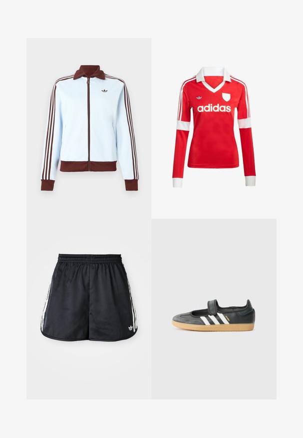 Hellblauer Reißverschlussjacke mit braunem Kragen, Bündchen, Saum und drei braunen Streifen an jedem Ärmel, mit einem kleinen braunen Logo auf der Brust.; Rotes Fußballtrikot mit langen Ärmeln, weißem Kragen und weißen Ärmelbündchen. Es hat drei weiße Streifen auf den Schultern und das "adidas"-Logo ist auffällig platziert.; Schwarze Sportshorts mit einem elastischen Bund, weißen drei Streifen an den Seiten und einem kleinen Logo am unteren Saum.; Schwarze Leder- und Wildledersneaker mit einem Klettverschluss, ausgestattet mit drei weißen Streifen und einer Gummisohle, beschriftet mit "SAMBA" an der Seite.