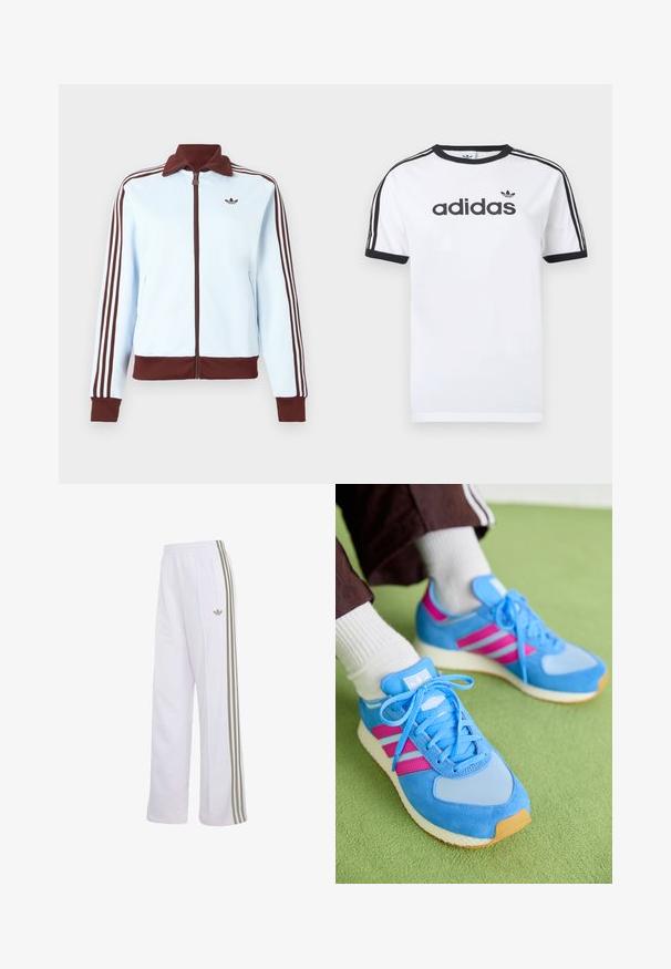 Lyseblå lynlåstrøje med brun krave, manchetter, kant og tre brune striber ned ad hver ærme, med en lille brun logo på brystet.; Hvid bomulds-T-shirt med sorte detaljer, har rundt halsudskæring, korte ærmer, tre sorte striber på skuldrene og adidas-logo i sort.; Hvide træningsbukser med beige tre striber ned langs siderne, elastisk talje, sidelomme med lynlås og lille Adidas-logo på venstre lår.; Blå atletiske sko lavet af ruskind og mesh, med pink striber, rund tå og struktureret gummisål. Snørebåndene er lyseblå.