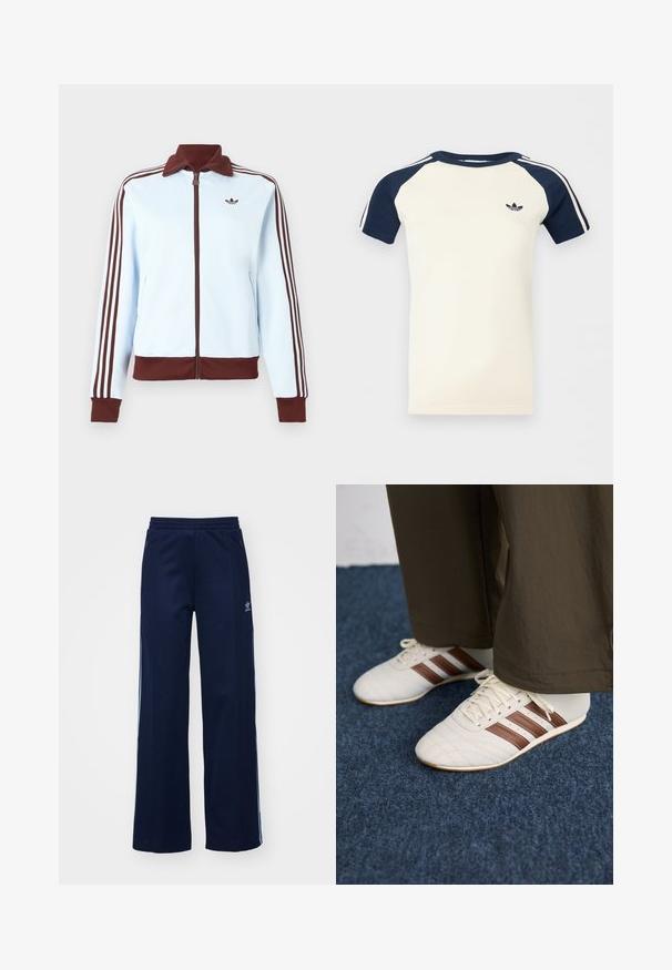 Lichtblauwe jas met ritssluiting, bruine kraag, manchetten en zoom, en drie bruine strepen langs elke mouw, met een klein bruin logo op de borst.; Korte mouwen crème overhemd met marineblauwe raglanmouwen, witte strepen op de mouwen en een klein zwart Adidas-logo op de borst.; Marineblauwe katoenen joggingsbroek met een brede pijpdesign, elastische tailleband en ritszakken, voorzien van witte zijstrepen en logo-detail.; Witte sneakers met bruine strepen, gedragen met een broek in bruin, op een blauwe vloerbedekking.