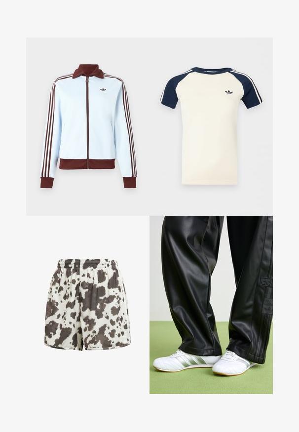 Light blue zip-up jacket with brown collar, cuffs, hem, and three brown stripes down each sleeve, featuring a small brown logo on the chest.; Short-sleeve cream shirt with navy raglan sleeves, white stripes on sleeves, and a small black Adidas logo on the chest.; White elastic-waist shorts with loose fit featuring irregular dark brown cow print pattern.; Black faux leather pants with a loose fit, featuring a smooth texture and side stripes. Paired with white sneakers with silver accents.