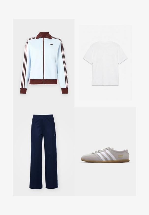 Chaqueta azul claro con cremallera, con cuello, puños y dobladillo marrones, y tres franjas marrones en cada manga, con un pequeño logo marrón en el pecho.; Camiseta blanca lisa de manga corta con cuello redondo, colocada plana sobre un fondo blanco.; Pantalones de chándal de mezcla de algodón en color marino con diseño de pierna ancha, cinturilla elástica y bolsillos con cremallera, con franjas laterales blancas y detalle de logotipo.; Zapatilla de ante gris con rayas de cuero blanco y detalle del logo en dorado. Suela plana de goma, punta redondeada y diseño clásico de cierre con cordones.