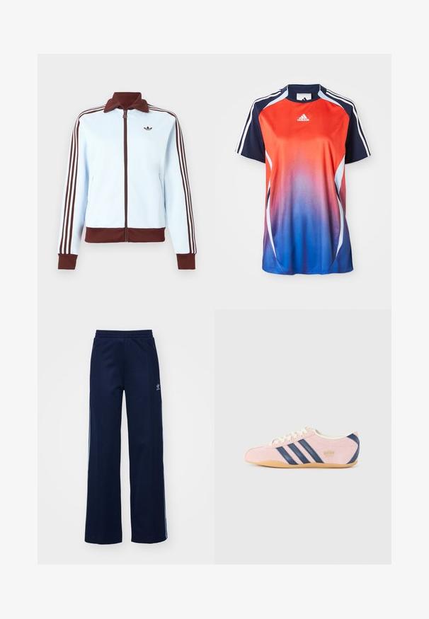 Svetlomodrá bunda na zips s hnedým golierom, manžetami, lemom a tromi hnedými prúžkami po celej dĺžke každého rukáva, s malým hnedým logom na hrudi.; Adidas športová košeľa s krátkym rukávom s gradientom od červenej po modrú, s námorníckymi akcentmi a bielymi pruhmi pozdĺž ramien.; Námornícke nohavice z bavlneného zmesi s širokým strihom, elastickým pásom a zipsovými vreckami, s bielymi bočnými pruhmi a detailom loga.; Svetloružové tenisky z semišu s námornícky modrými pruhmi a akcentmi. Majú svetložltý jazyk a šnúrky, s gumovou podrážkou.