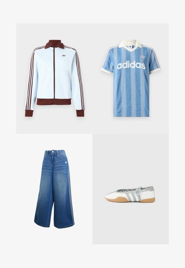 Svetlomodrá bunda na zips s hnedým golierom, manžetami, lemom a tromi hnedými prúžkami po celej dĺžke každého rukáva, s malým hnedým logom na hrudi.; Svetlomodré polokošeľa s krátkym rukávom s vertikálnymi pruhmi, bielymi akcentmi a výrazným bielym logom „adidas“ na prednej strane.; Džíny s širokými nohavicami v stredne modrej farbe, s vysokým pásom, jemnými švovými detailmi a malým bielym logom na prednej strane.; Biele a sivé balerínky s okrúhlou špičkou a elastickou šnúrkou, s tromi sivými pruhmi a béžovou gumovou podrážkou.