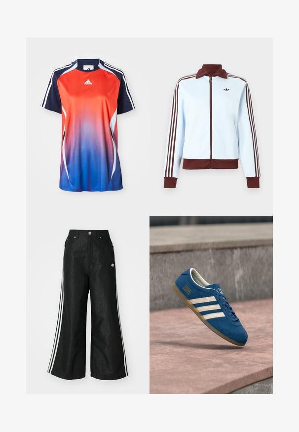 Lyseblå lynlåstrøje med brun krave, manchetter, kant og tre brune striber ned ad hver ærme, med en lille brun logo på brystet.; Adidas kortærmet sports T-shirt med en gradient fra rød til blå, med marineblå akcenter og hvide striber langs skuldrene.; Sorte vide denim bukser med tre hvide striber på hver side og et lille hvidt logo. Indeholder forlommer og en knaplukning.; Blå ruskindsneaker med cremefarvede striber og snørebånd, sål af gummiridse, tekstureret overflade, rundet tå og mærkning på siden.
