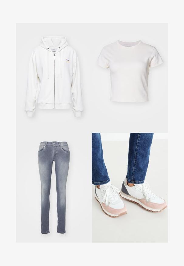 Sudadera con cremallera blanca hecha de material suave, con capucha ajustable y logo en colores pastel en el lado izquierdo. Puños y dobladillo de canalé.; Denim Project DPMDPWRIBBED CROPPED T-SHIRT - Camiseta básica - jet stream; Jeans ajustados en un lavado gris medio, hechos de mezclilla. Presentan cinco bolsillos, pasadores para cinturón y un efecto desgastado en los muslos y las rodillas.; Zapatillas blancas y rosa claro con acentos grises, que cuentan con una parte superior de ante y malla, suela de goma y cordones redondos.