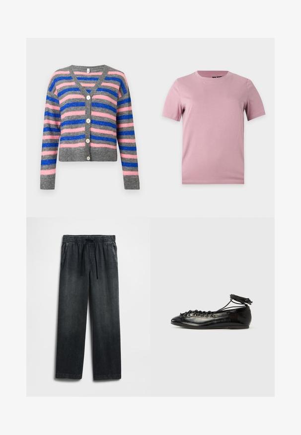 Grå, stribet cardigan med pink og blå horisontale linjer, V-udskæring, lange ærmer og fem knaplukninger. Blødt materiale, cropped design.; Enkelt kortærmet blød lyserød bomulds-t-shirt med rund hals, vist på en flad lysgrå baggrund.; Sorte denimbukser med elastisk talje og snøre, vid pasform og diskret falmet look. To sidelommer inkluderet.; Sorte balletflade sko i laklæder med rundet tå, snørelukning og flad sål. Glat tekstur med få detaljer.