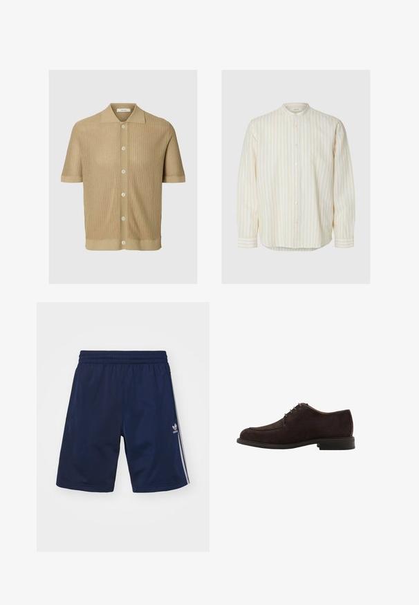 Beige kortærmet strikket polo med knapper foran og tekstureret, perforeret stofmønster.; Langærmet skjorte med knapper, beige og hvide lodrette striber og en stående krave mod en ensartet lys baggrund.; Marineblå atletikshorts lavet af et let materiale, med en elastisk talje og tre hvide striber på siderne. Adidas-logoet er vist.; Mørkebrun ruskind oxford-sko med rundet tå, minimal syningsdetaljer og sort sål, med klassisk snøresystem.